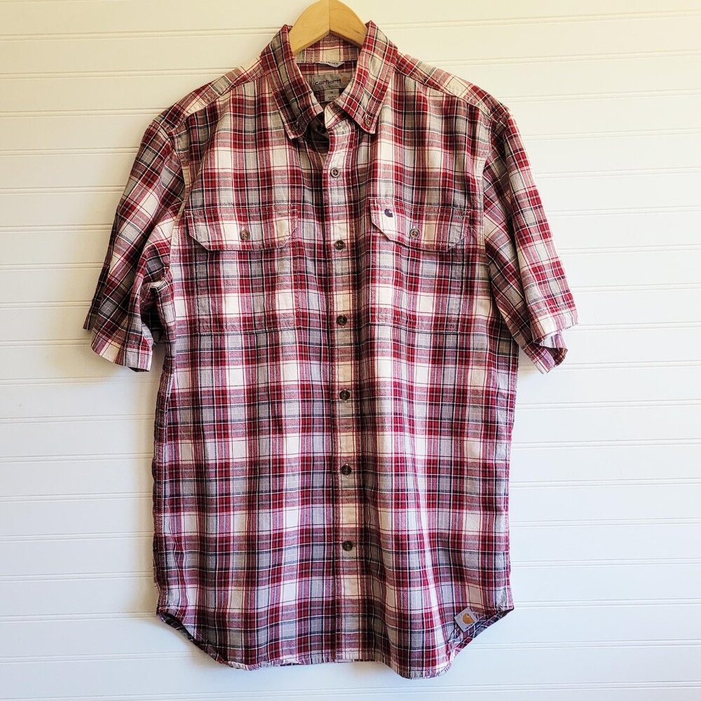 Carhartt Shirt Mens Medium Red Plaid Short Sleeve Button Down Relaxed Fit Cotton